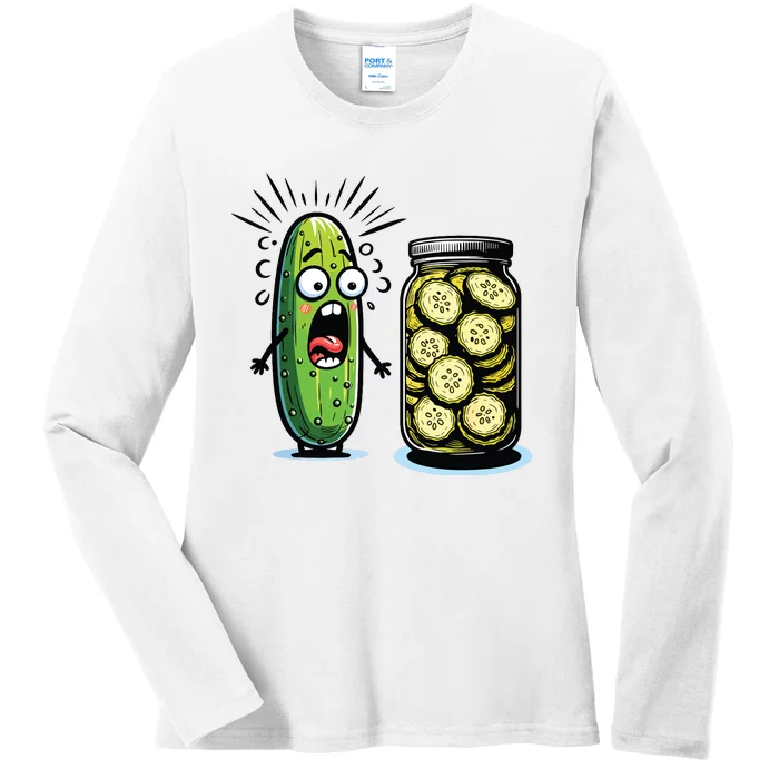 Funny Pickle Surprise A Cucumber And A Jar Of Sliced Pickles Ladies Long Sleeve Shirt