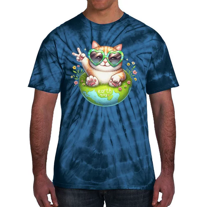 Funny Peace Sign Hand Cat Earth Day Cat Tie-Dye T-Shirt