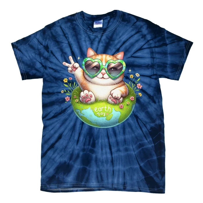 Funny Peace Sign Hand Cat Earth Day Cat Tie-Dye T-Shirt