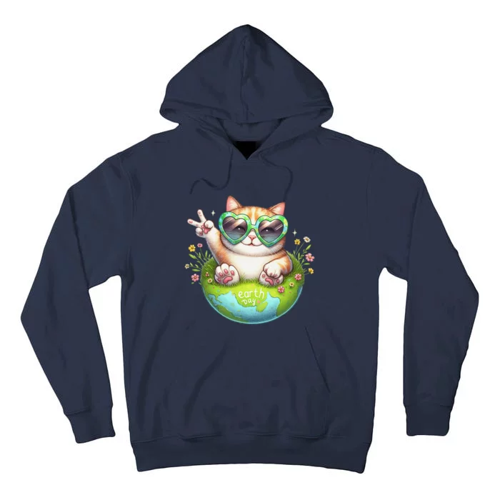 Funny Peace Sign Hand Cat Earth Day Cat Tall Hoodie