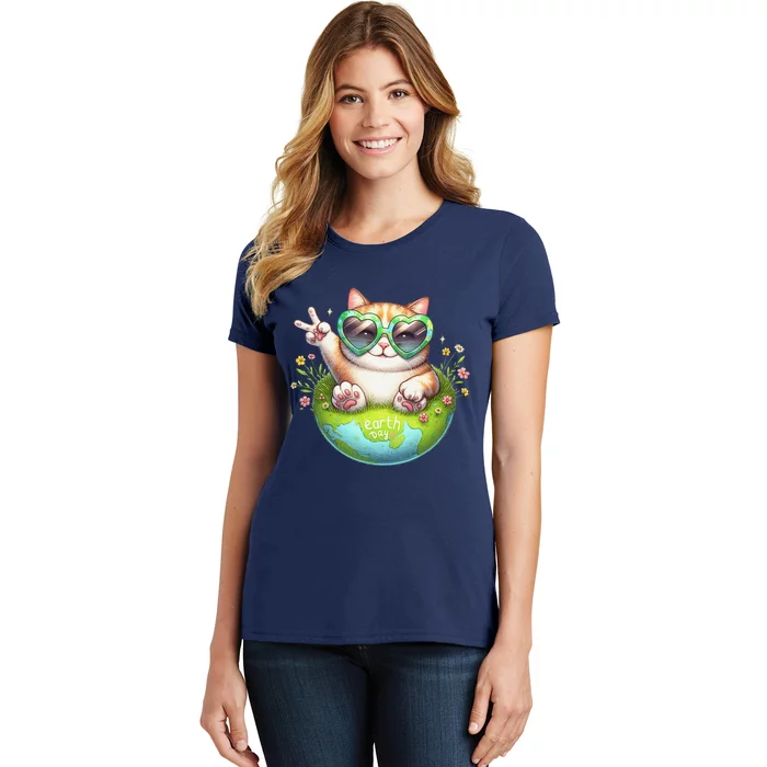 Funny Peace Sign Hand Cat Earth Day Cat Women's T-Shirt