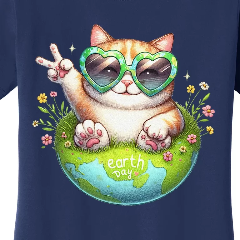 Funny Peace Sign Hand Cat Earth Day Cat Women's T-Shirt