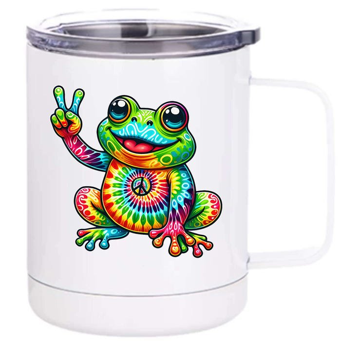 Frog Peace Sign Tie Dye Hippie Front & Back 12oz Stainless Steel Tumbler Cup