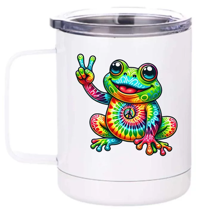 Frog Peace Sign Tie Dye Hippie Front & Back 12oz Stainless Steel Tumbler Cup