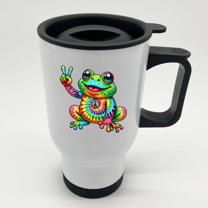 Frog Peace Sign Tie Dye Hippie Front & Back Stainless Steel Travel Mug