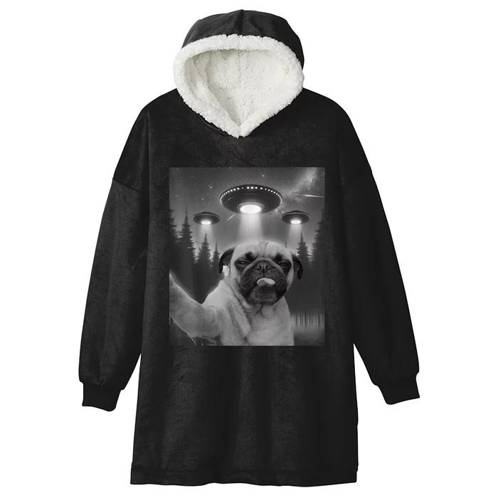 Funny Pug Selfie With Ufos Dog Dad Mom Boy Girl Hooded Wearable Blanket