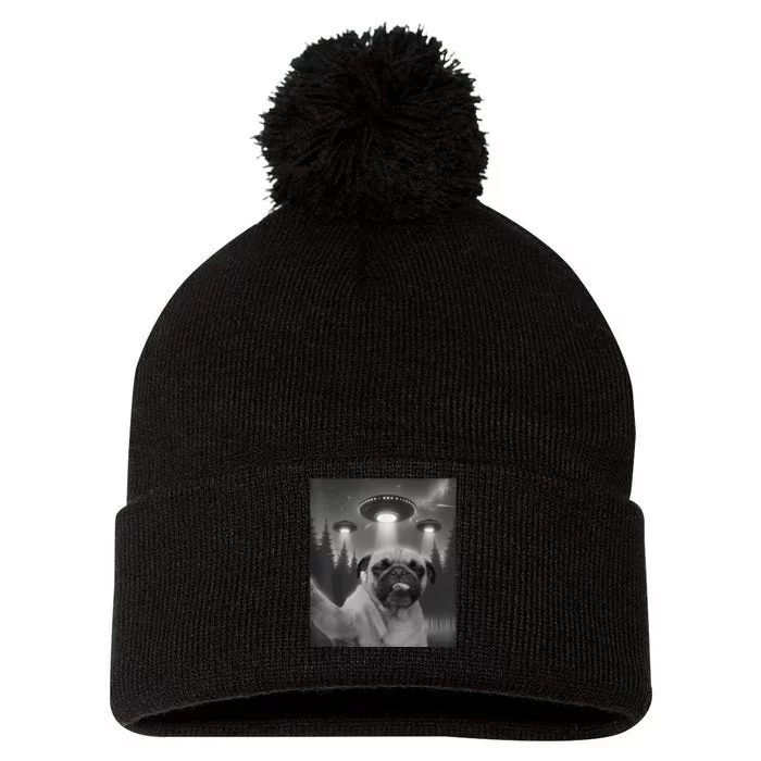 Funny Pug Selfie With Ufos Dog Dad Mom Boy Girl Pom Pom 12in Knit Beanie