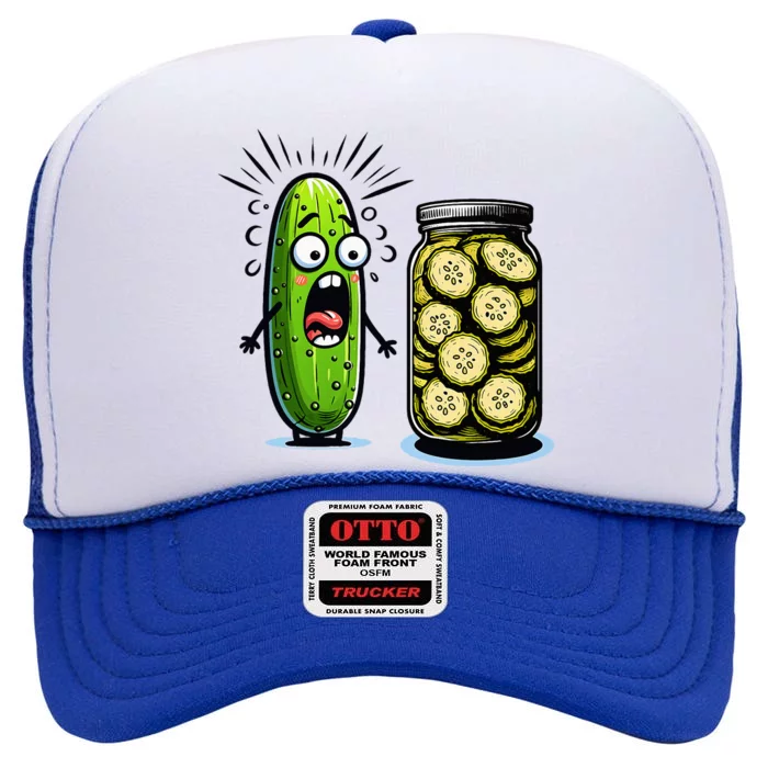 Funny Pickle Surprise A Cucumber And A Jar Of Sliced Pickles High Crown Mesh Trucker Hat