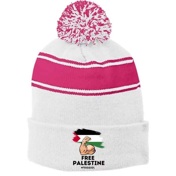 Free Palestine The Power Of The Palestinian Flag Stripe Pom Pom Beanie