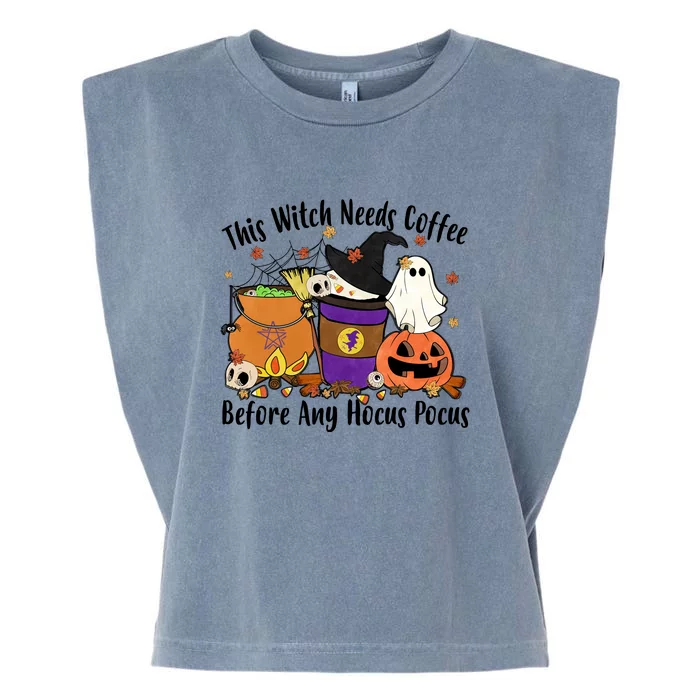 Funny Pumpkin This Witch Needs Coffee Before Any Hocus Halloween Gift Garment-Dyed Women's Muscle Tee