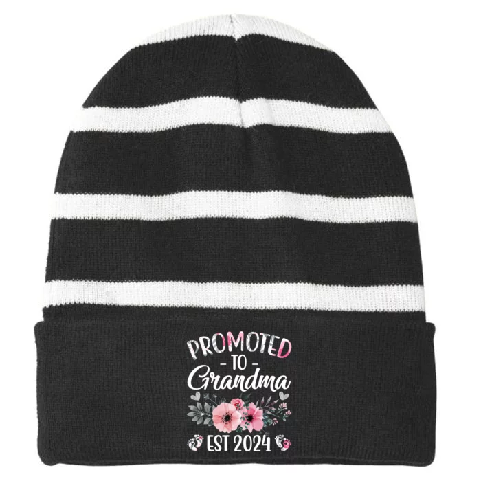 Floral Promoted To Grandma Est. 2024 Grandparents Baby Announcement Striped Beanie with Solid Band