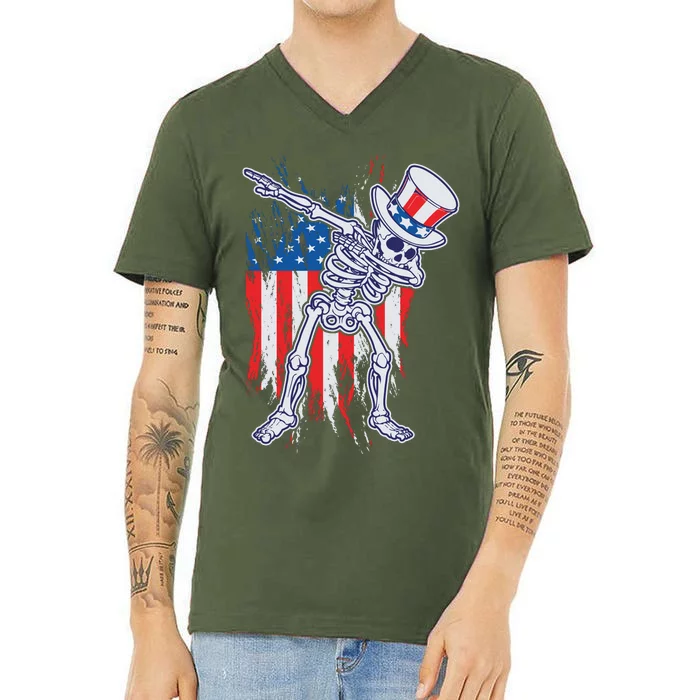 Funny Patriotic USA American Flag Dabbing Skeleton V-Neck T-Shirt