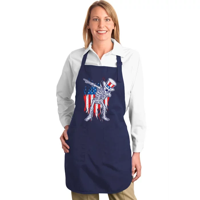 Funny Patriotic USA American Flag Dabbing Skeleton Full-Length Apron With Pocket