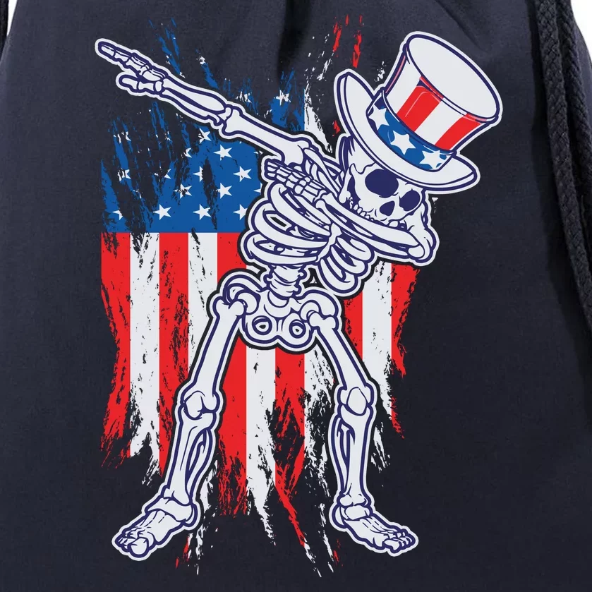 Funny Patriotic USA American Flag Dabbing Skeleton Drawstring Bag