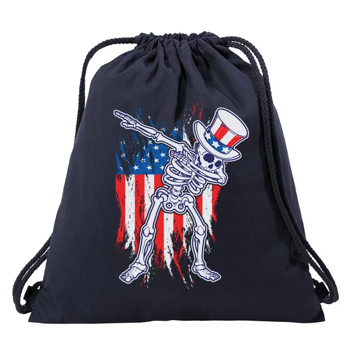 Funny Patriotic USA American Flag Dabbing Skeleton Drawstring Bag