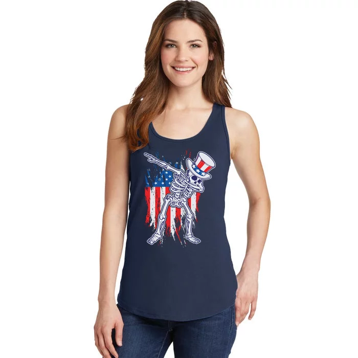 Funny Patriotic USA American Flag Dabbing Skeleton Ladies Essential Tank