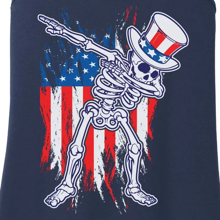 Funny Patriotic USA American Flag Dabbing Skeleton Ladies Essential Tank