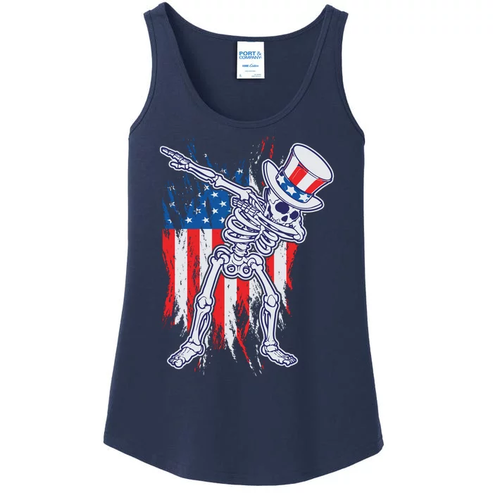 Funny Patriotic USA American Flag Dabbing Skeleton Ladies Essential Tank