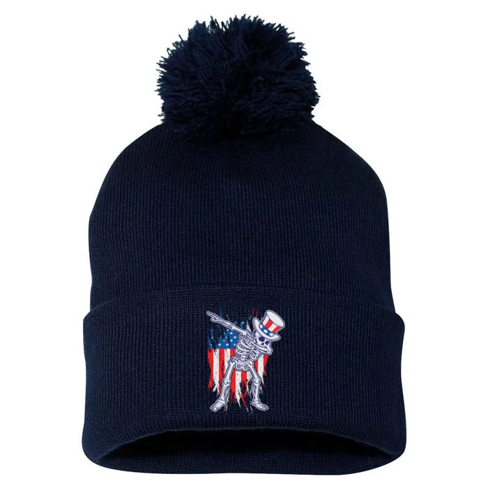 Funny Patriotic USA American Flag Dabbing Skeleton Pom Pom 12in Knit Beanie