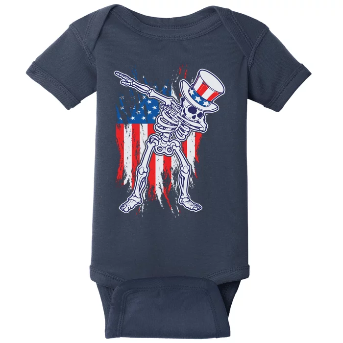 Funny Patriotic USA American Flag Dabbing Skeleton Baby Bodysuit