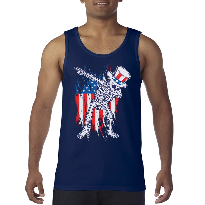 Funny Patriotic USA American Flag Dabbing Skeleton Tank Top