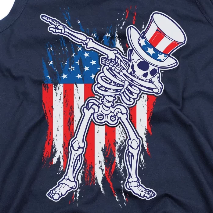 Funny Patriotic USA American Flag Dabbing Skeleton Tank Top