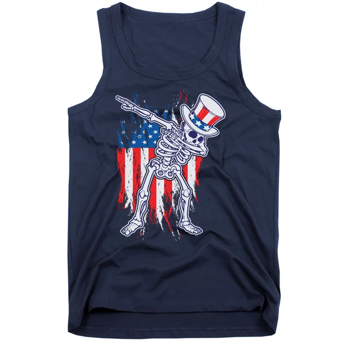 Funny Patriotic USA American Flag Dabbing Skeleton Tank Top