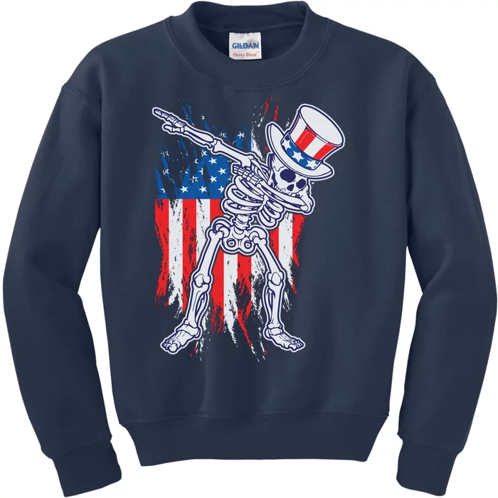 Funny Patriotic USA American Flag Dabbing Skeleton Kids Sweatshirt