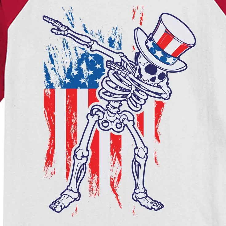 Funny Patriotic USA American Flag Dabbing Skeleton Kids Colorblock Raglan Jersey