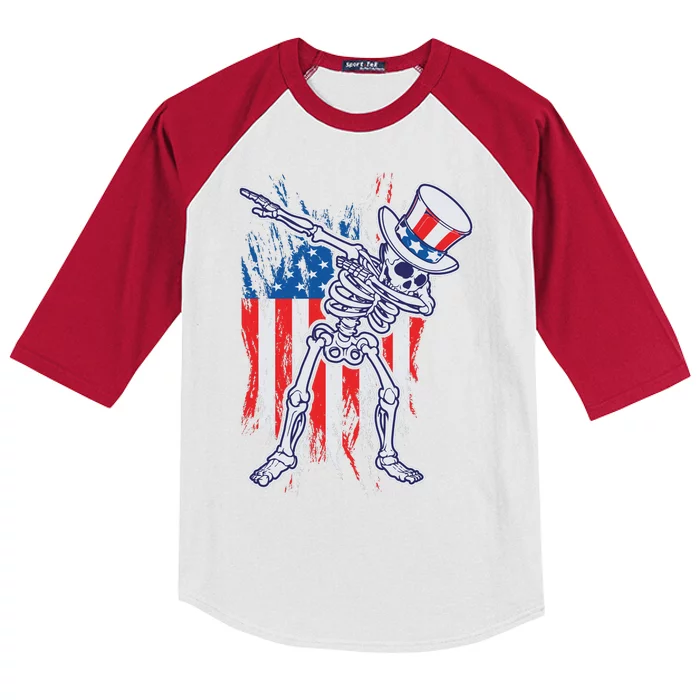 Funny Patriotic USA American Flag Dabbing Skeleton Kids Colorblock Raglan Jersey