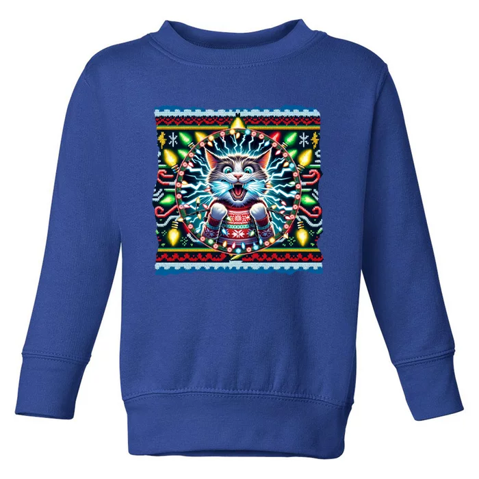 Fried Pussycat Ugly Christmas Cat Chewing Christmas Lights Cool Gift Toddler Sweatshirt