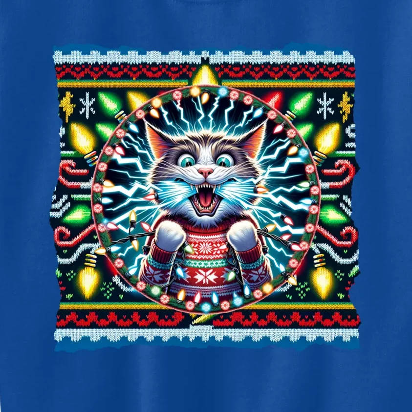 Fried Pussycat Ugly Christmas Cat Chewing Christmas Lights Cool Gift Kids Sweatshirt