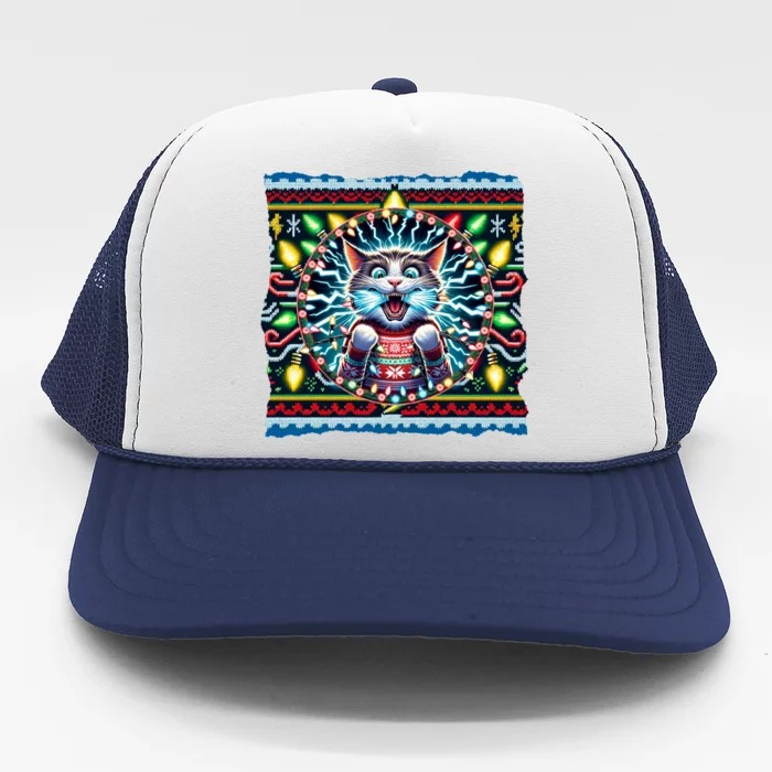 Fried Pussycat Ugly Christmas Cat Chewing Christmas Lights Cool Gift Trucker Hat