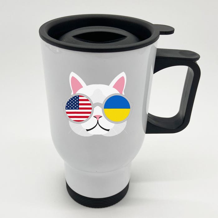 Funny Proud Ukrainian American Cat Ukraine USA Flag Gift Front & Back Stainless Steel Travel Mug