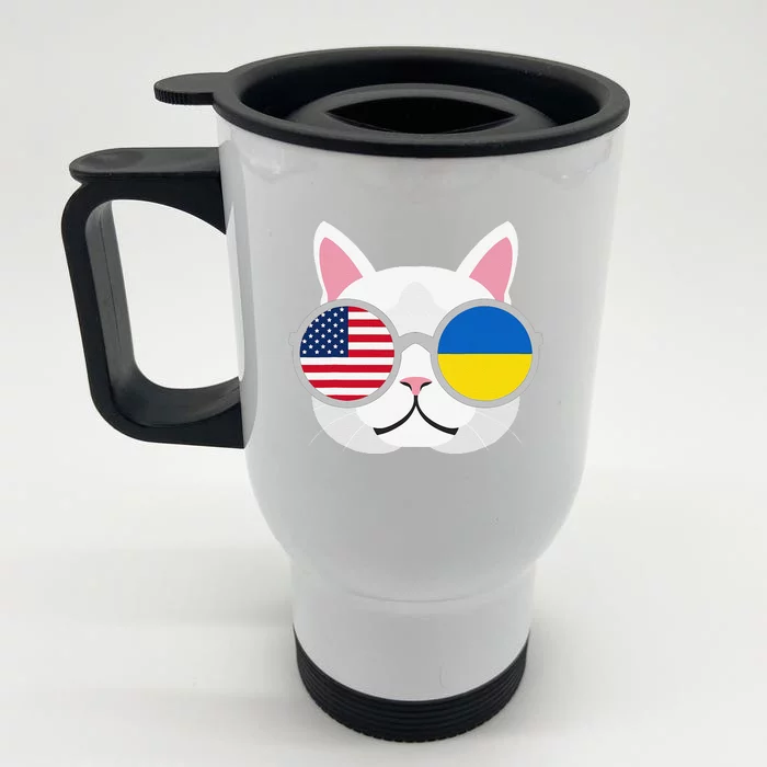 Funny Proud Ukrainian American Cat Ukraine USA Flag Gift Front & Back Stainless Steel Travel Mug