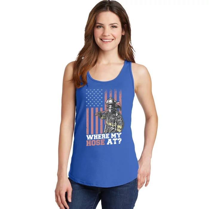 Firefighter Patriotic Usa American Flag Pun Where My Hose At Gift Ladies Essential Tank