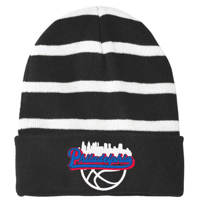 Funny Philadelphia Vintage Basketball Script City Skyline Fan Striped Beanie with Solid Band