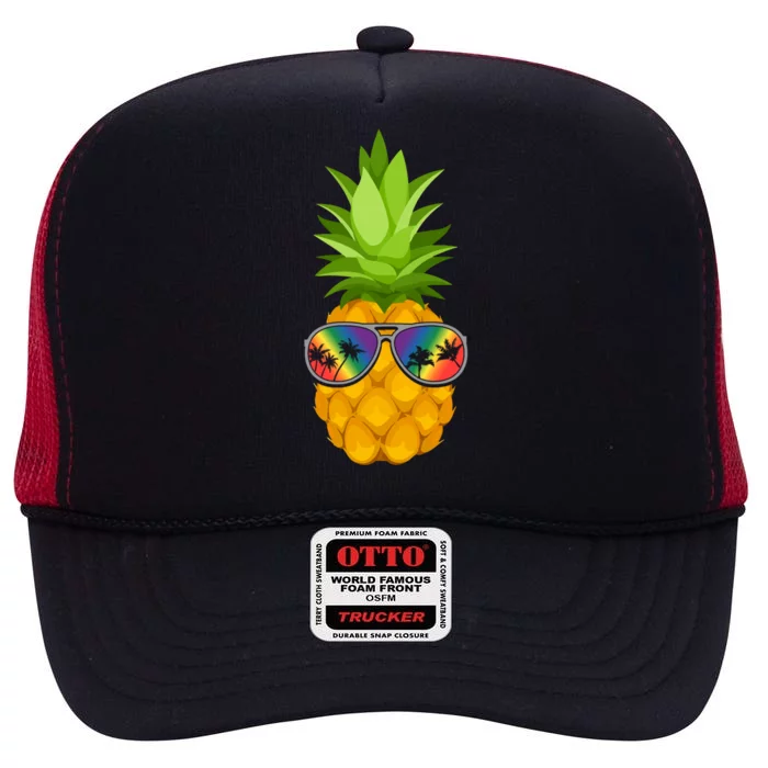 Flower Pineapple With Sunglasses Lgbt Pride Hawaiian Funny Gift High Crown Mesh Trucker Hat