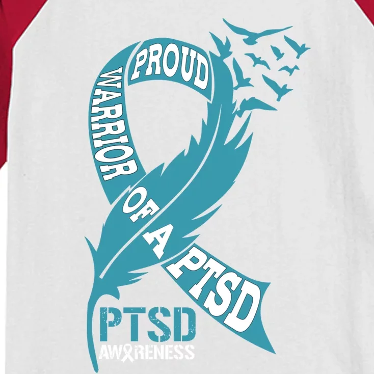 Funny Proud Warrior Of A Ptsd Teal Ribbon Ptsd Awareness Gift Kids Colorblock Raglan Jersey