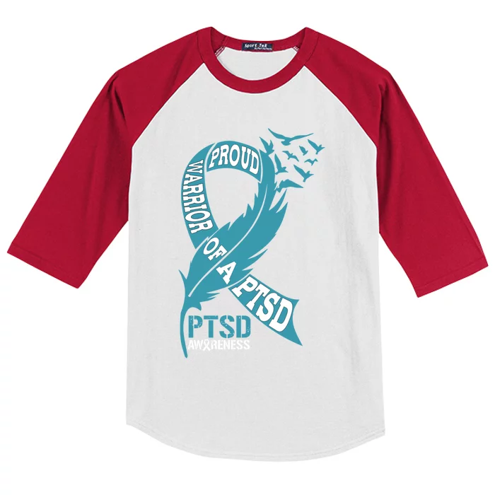 Funny Proud Warrior Of A Ptsd Teal Ribbon Ptsd Awareness Gift Kids Colorblock Raglan Jersey