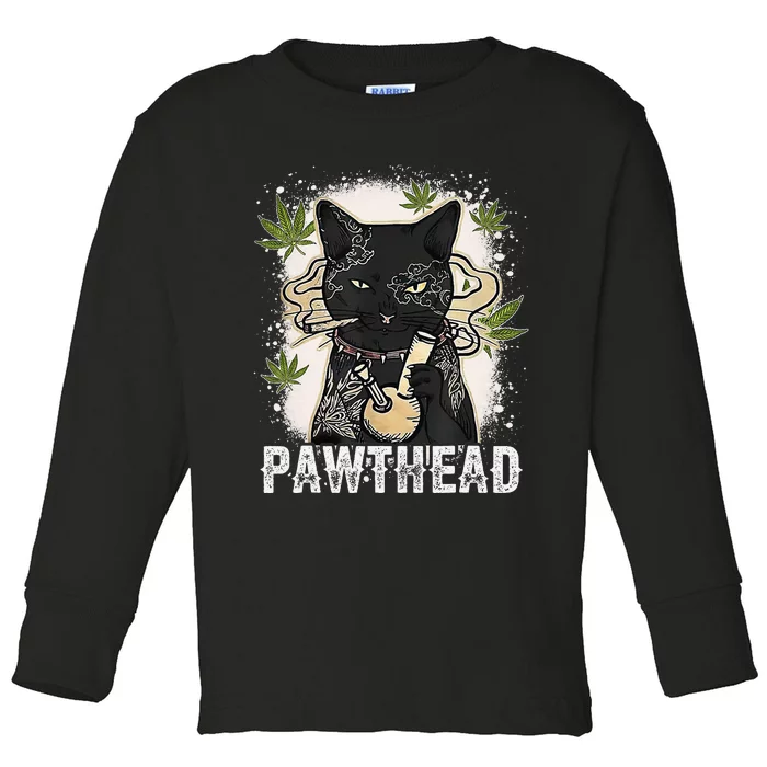 Funny Pawthead Weed Cat Smoking High Cannabis Cat 420 Stoner Toddler Long Sleeve Shirt