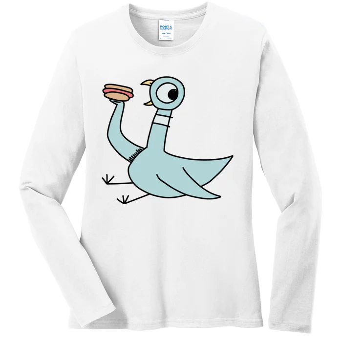 Funny Pigeon With A Hotdog Fan Art Ladies Long Sleeve Shirt