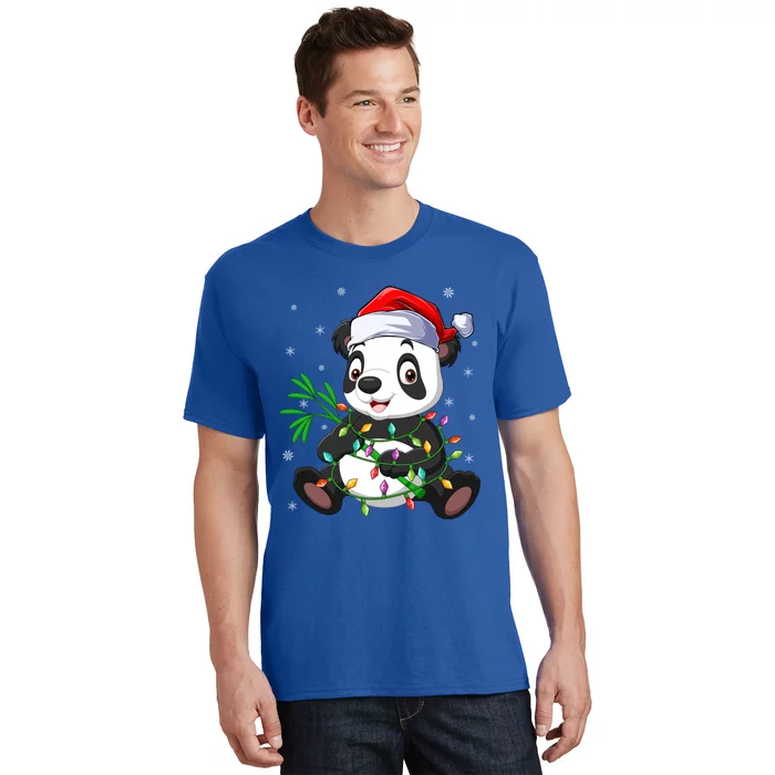 Funny Panda Xmas Lighting Matching Santa Hat Panda Christmas Gift T-Shirt