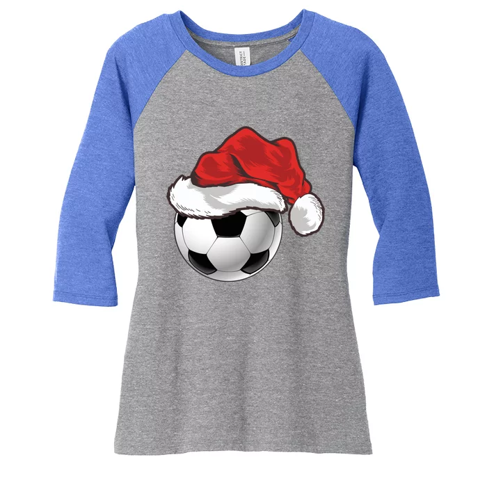 Football Player Xmas Gift Santa Hat Soccer Ball Christmas Gift Women's Tri-Blend 3/4-Sleeve Raglan Shirt