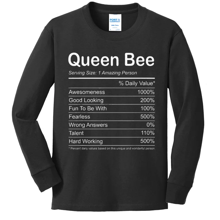 Funny Queen Bee Nutritional Label Kids Long Sleeve Shirt