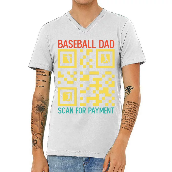 Funny Qr code Baseball Dad Scan For Payment Father's Day V-Neck T-Shirt