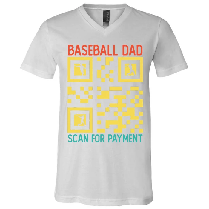 Funny Qr code Baseball Dad Scan For Payment Father's Day V-Neck T-Shirt