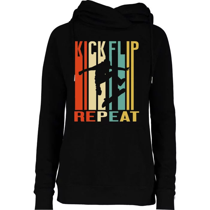 Funny Quote Kick Flip Repeat Vintage Skate Womens Funnel Neck Pullover Hood