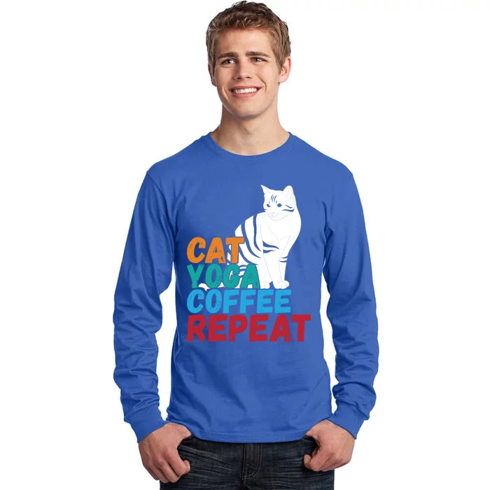 Funny Quote Spiritual Namaste Design Cat Yoga Coffee Repeat Gift Tall Long Sleeve T-Shirt