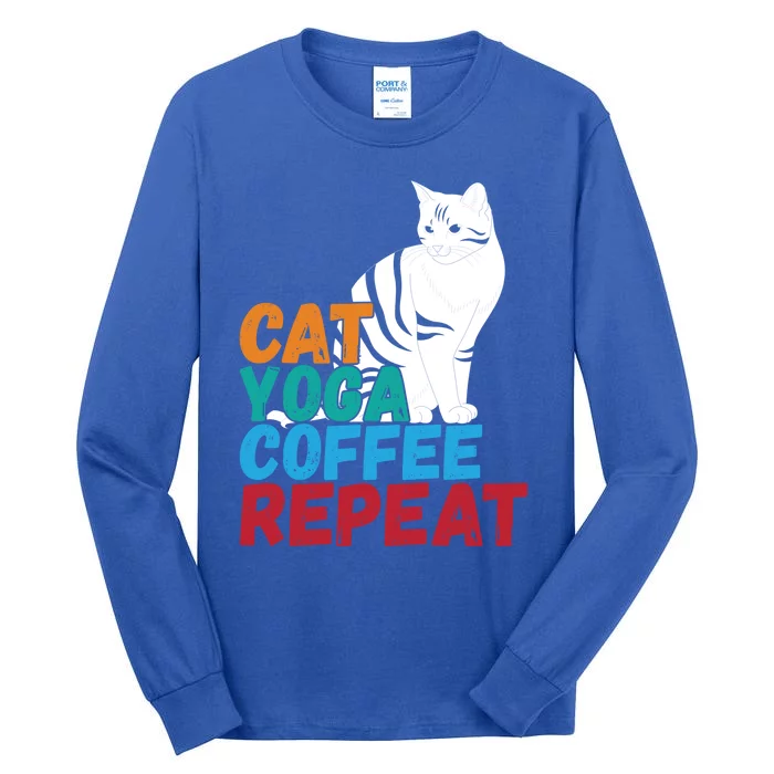 Funny Quote Spiritual Namaste Design Cat Yoga Coffee Repeat Gift Tall Long Sleeve T-Shirt